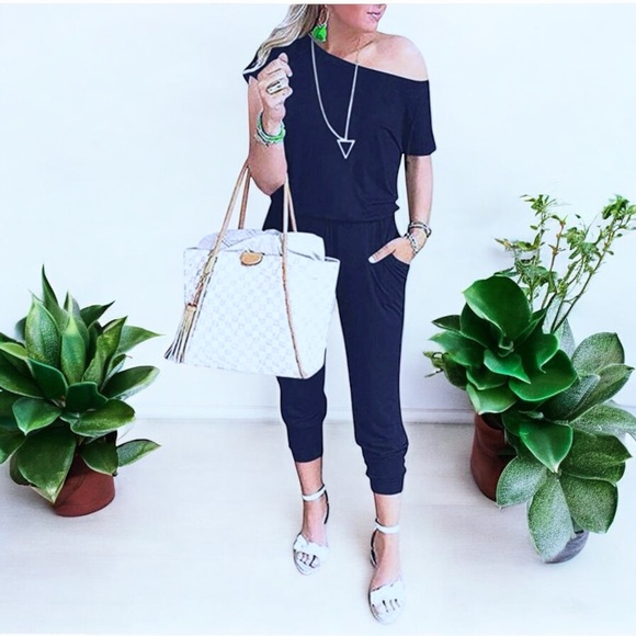 Women's Navy Blue Casual Wide-Neck Elastic Waist Stretch Long Romper Jumpsuit - Picture 2 of 16